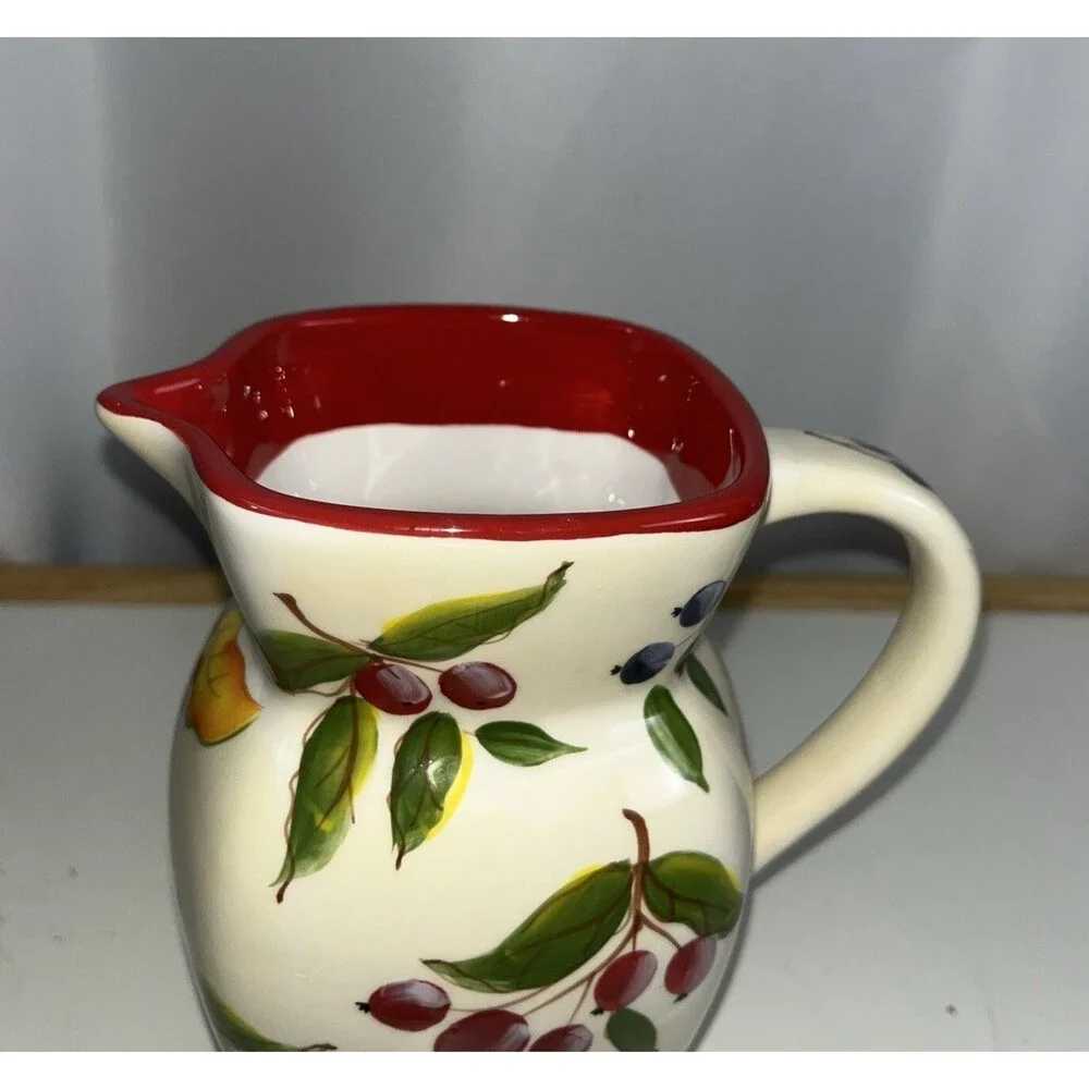 FTD Ceramic Square Pitcher Red Blue Fruit Pattern Retired Vintage